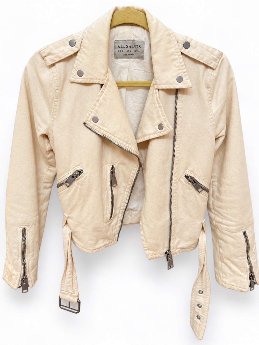 All Saints Dessa Balfern Denim Biker Jacket Beige/Cream Leather Biker Jacket